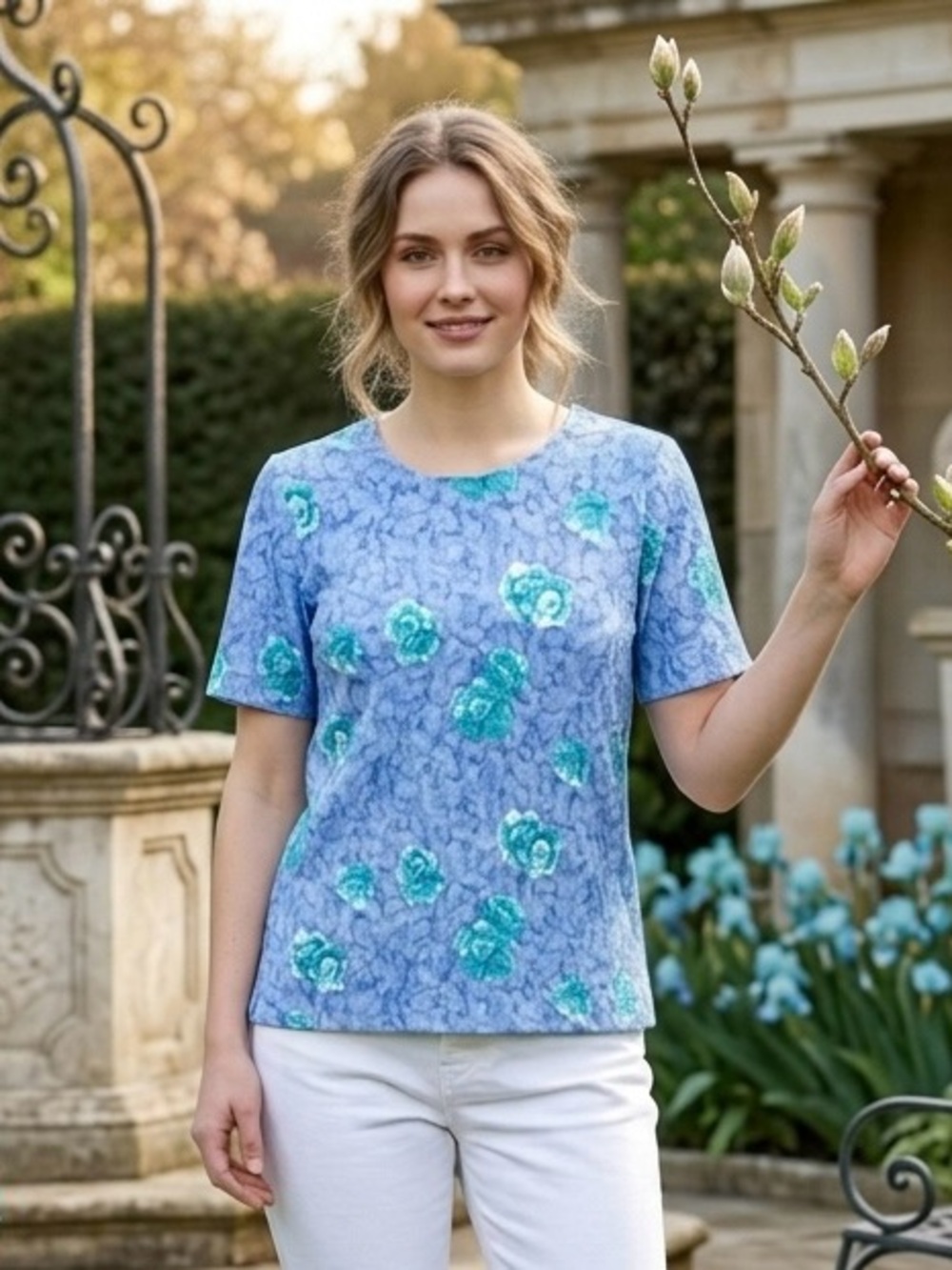 Bobbie Brooks Blue Floral Short Sleeve Top